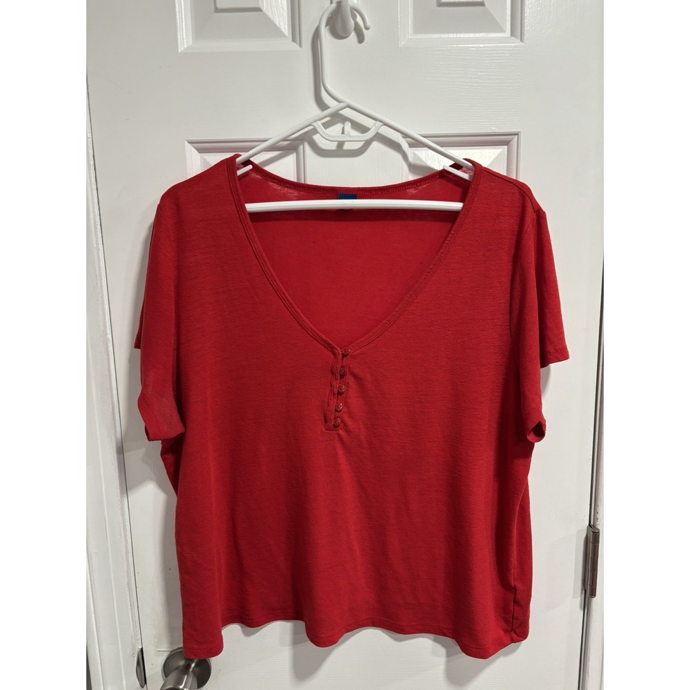 Old Navy Red Top Womens 1X Loose Henley Short Sleeve Vneck Linen Blend
